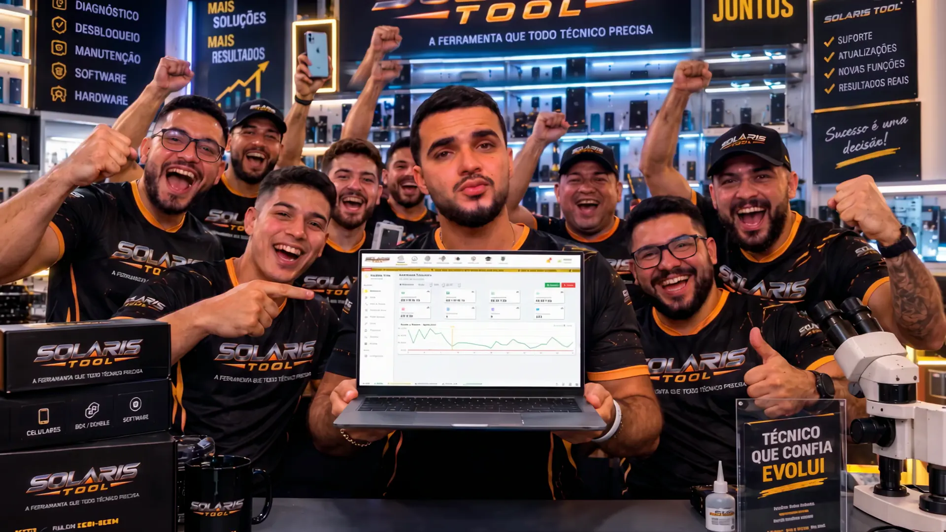 Equipe Solaris Tool comemorando numa assistência técnica.