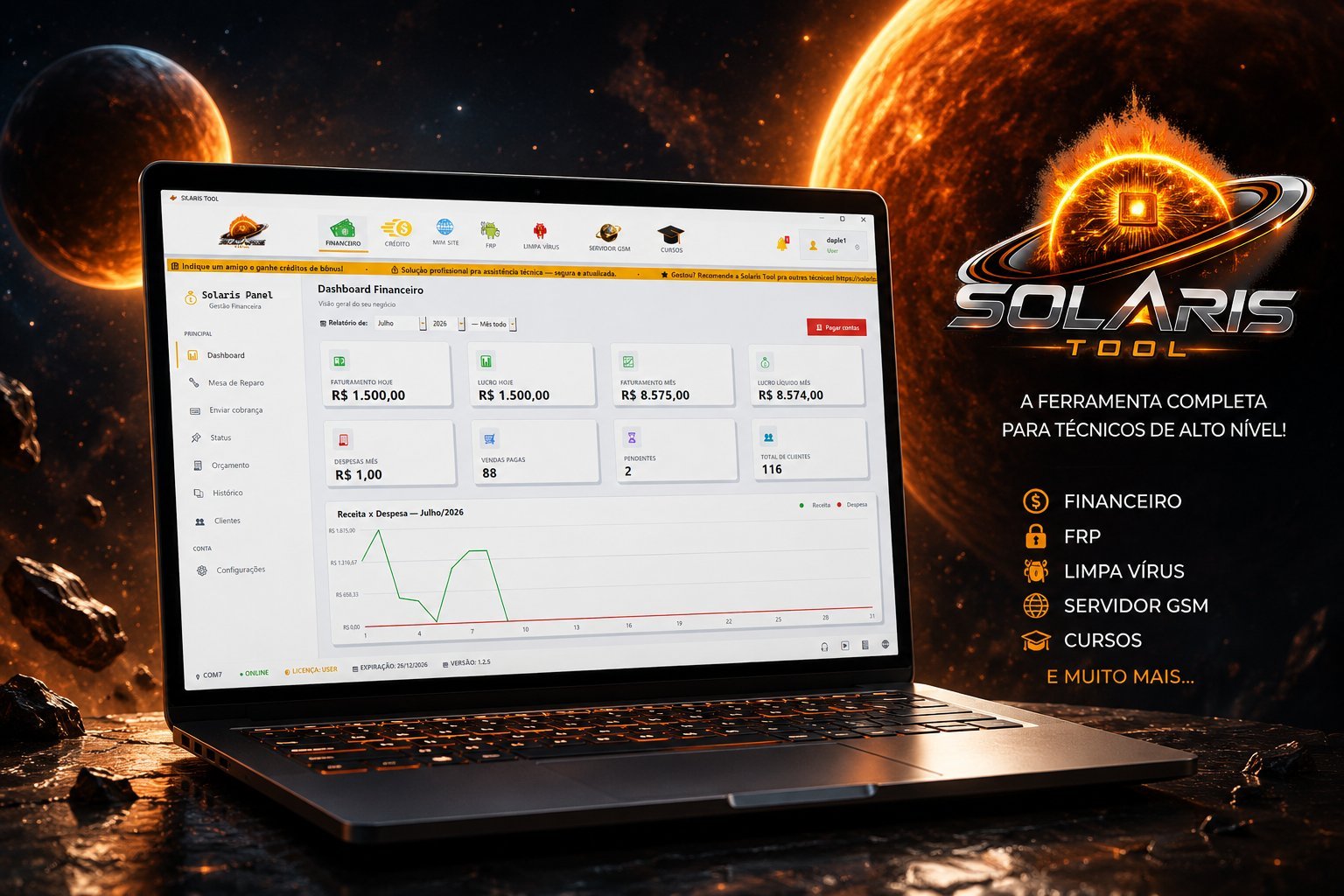 Notebook mostrando o painel financeiro do Solaris Tool, com o logo Solaris Tool e a lista de recursos: Financeiro, FRP, Limpa Vírus, Servidor GSM, Cursos e muito mais.
